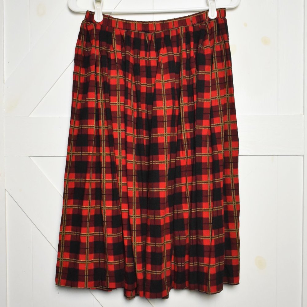 Vintage plaid maxi skirt red black gold size 14 small